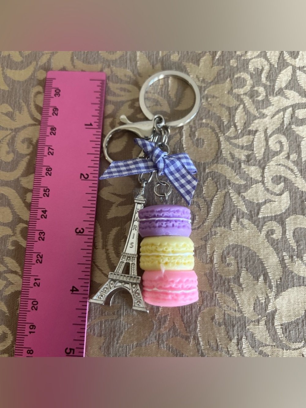 France Three Macaroons Eiffel Tower Silver  Tone Keychain Charm - Picture 8 of 9